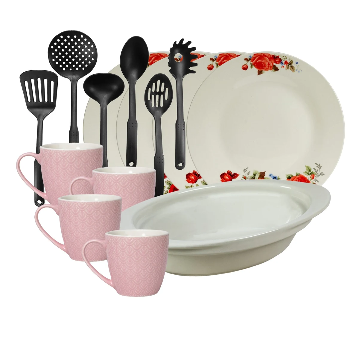 Set masa 4 pers., 15 piese, cana roz 200 ml, farfurie, tava termorezistenta, ustensile, Portelan cu Trandafiri rosii