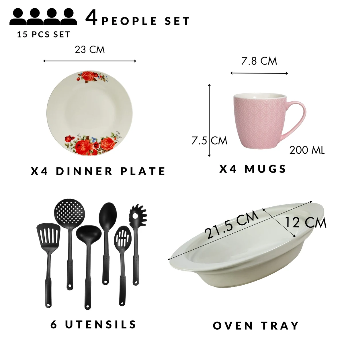 Set masa 4 pers., 15 piese, cana roz 200 ml, farfurie, tava termorezistenta, ustensile, portelan cu trandafiri rosii, imagine 2