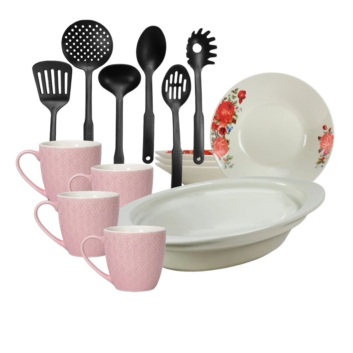 Set masa 4 pers., 15 piese, cana roz 200 ml, farfurie adanca, tava termorezistenta, ustensile bucatarie, Portelan Trandafiri rosii