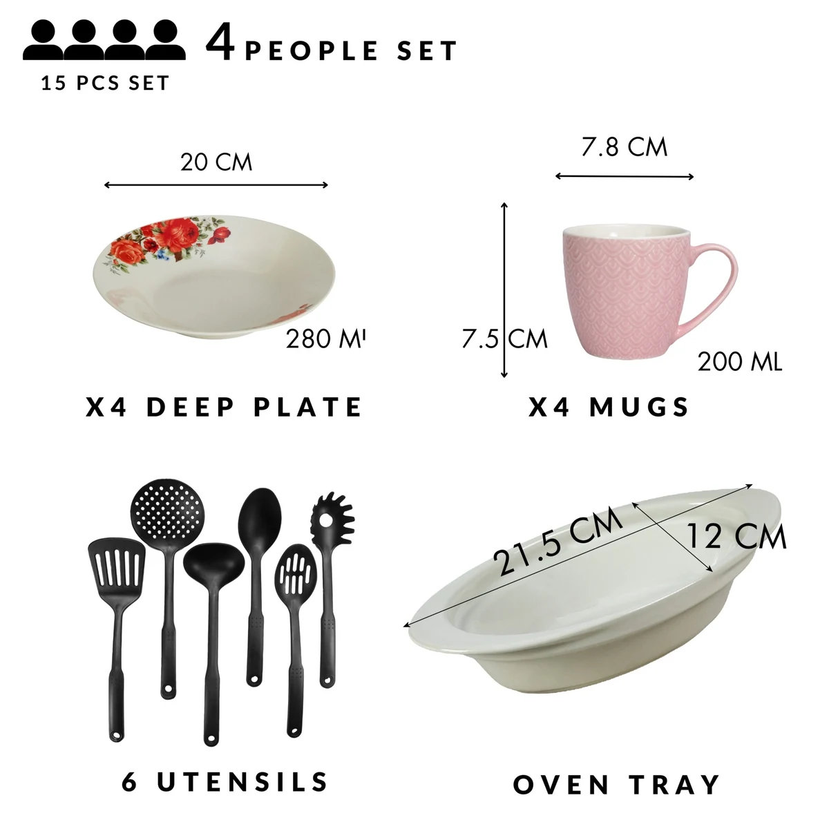 Set masa 4 pers., 15 piese, cana roz 200 ml, farfurie adanca, tava termorezistenta, ustensile bucatarie, portelan trandafiri rosii, imagine 2