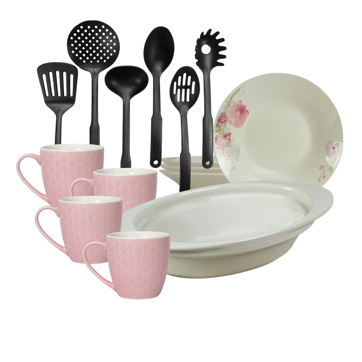 Set masa 4 pers., 15 piese, cana roz 200 ml, farfurie adanca, tava termorezistenta, ustensile bucatarie, Portelan Orhidee