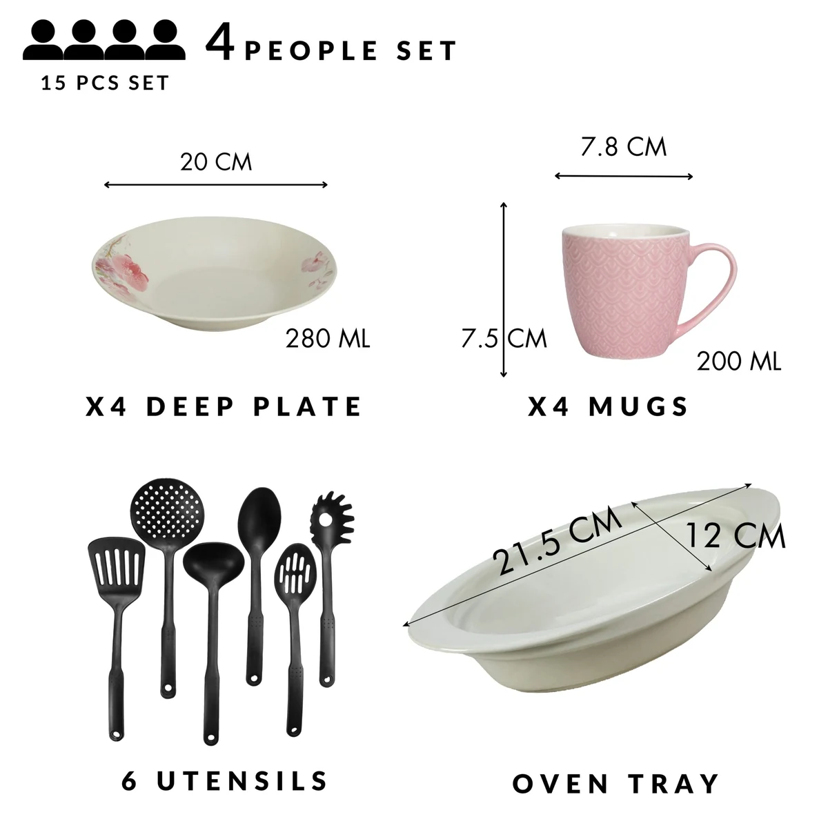 Set masa 4 pers., 15 piese, cana roz 200 ml, farfurie adanca, tava termorezistenta, ustensile bucatarie, portelan orhidee, imagine 2