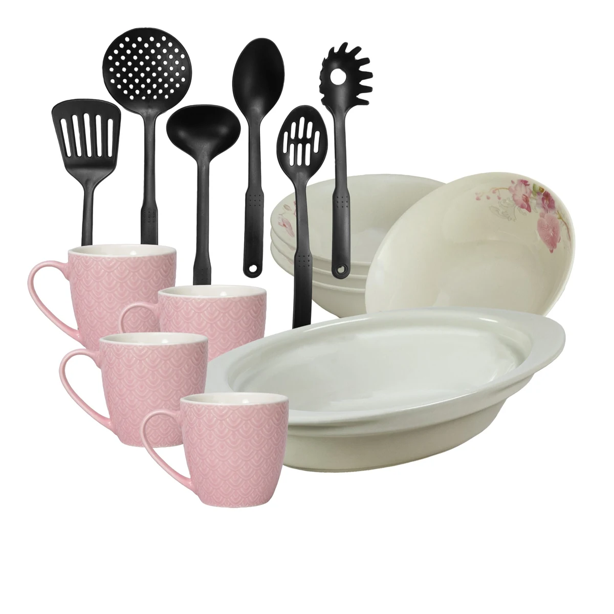 Set masa 4 pers, 15 piese, cana roz 200ml, bol, tava termorezistenta, ustensile, Portelan Orhidee