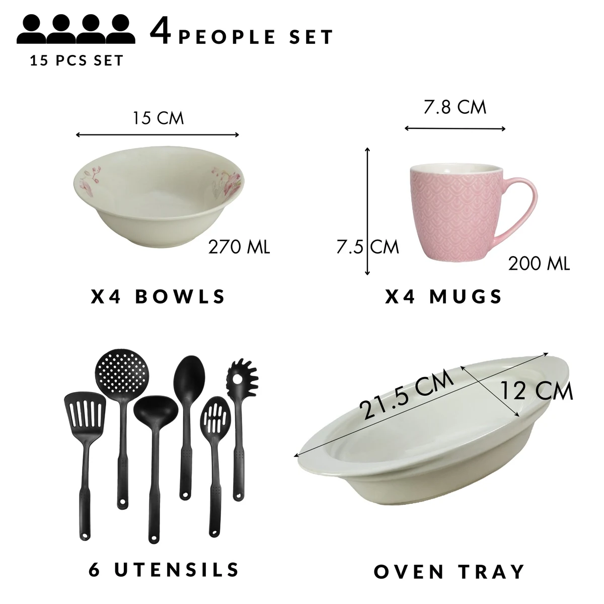 Set masa 4 pers, 15 piese, cana roz 200ml, bol, tava termorezistenta, ustensile, portelan orhidee, imagine 6