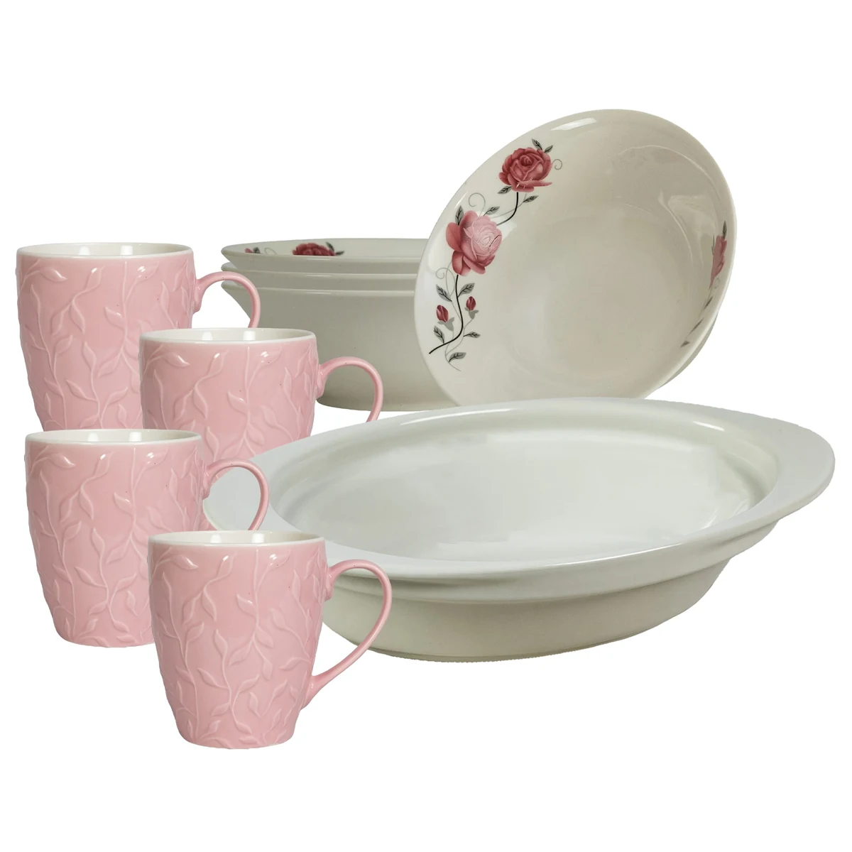 Set masa 4 pers., 9 piese, cana roz 370 ml, bol, tava termorezistenta, Portelan cu Trandafiri roz