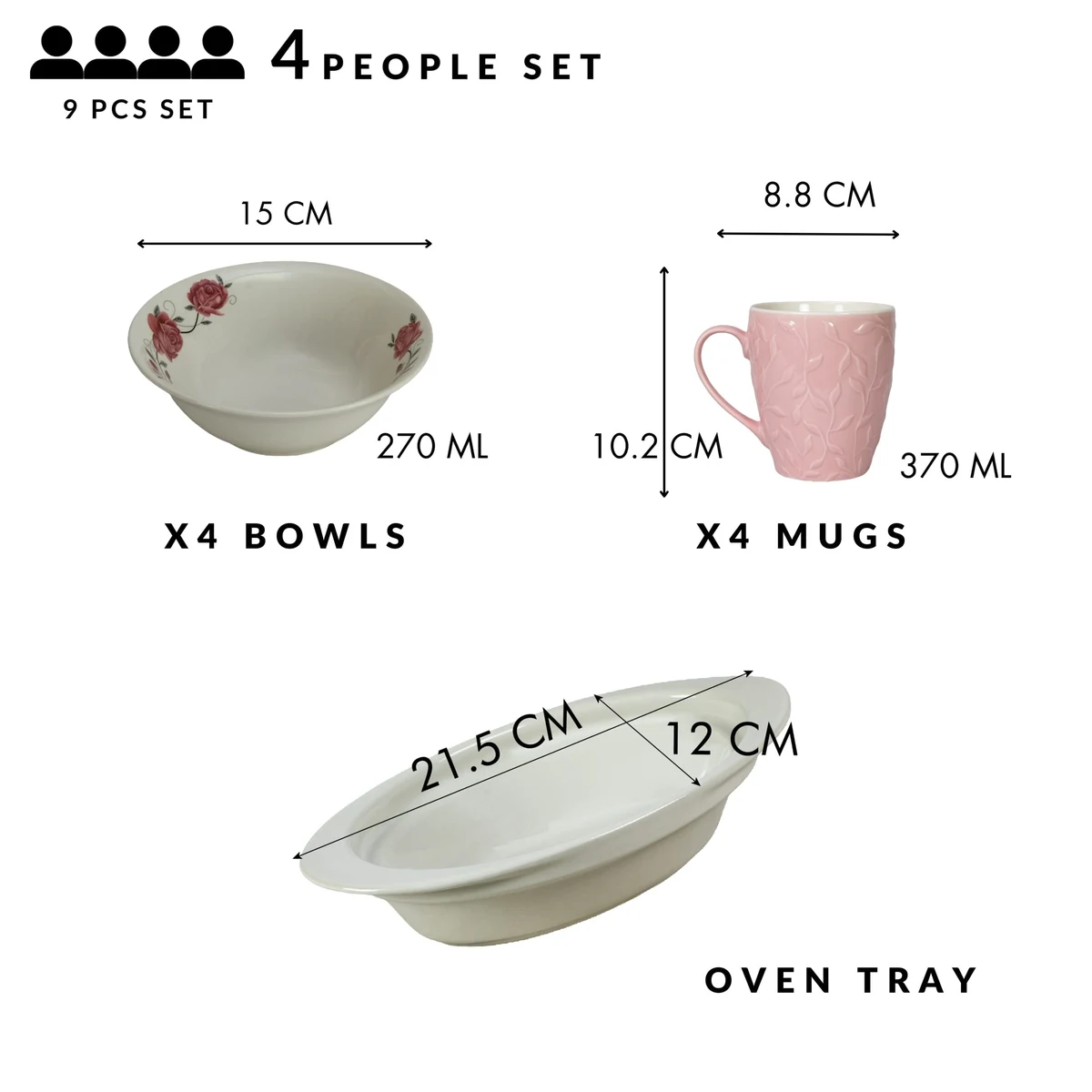Set masa 4 pers., 9 piese, cana roz 370 ml, bol, tava termorezistenta, portelan cu trandafiri roz, imagine 2