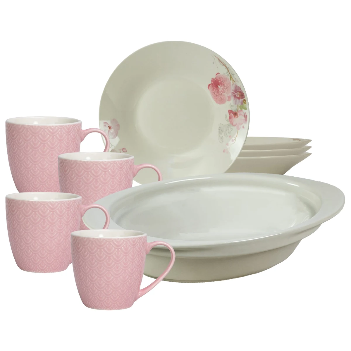 Set masa 4 pers., 9 piese, cana roz 200 ml, farfurie adanca, tava termorezistenta, Portelan Orhidee deco.