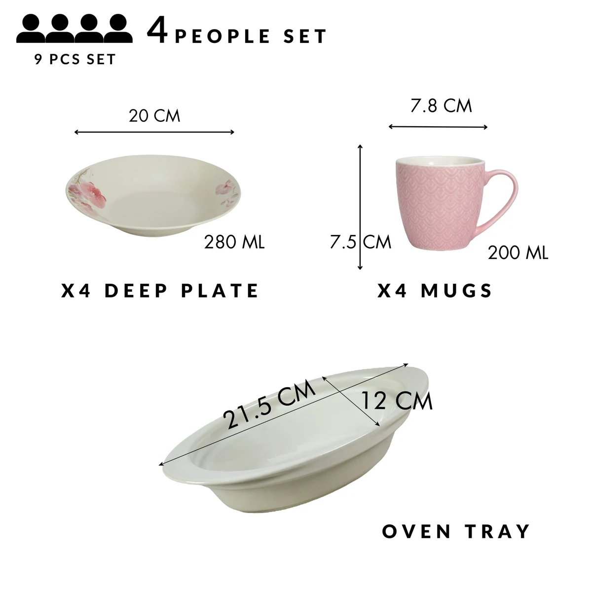 Set masa 4 pers., 9 piese, cana roz 200 ml, farfurie adanca, tava termorezistenta, portelan orhidee deco., imagine 2