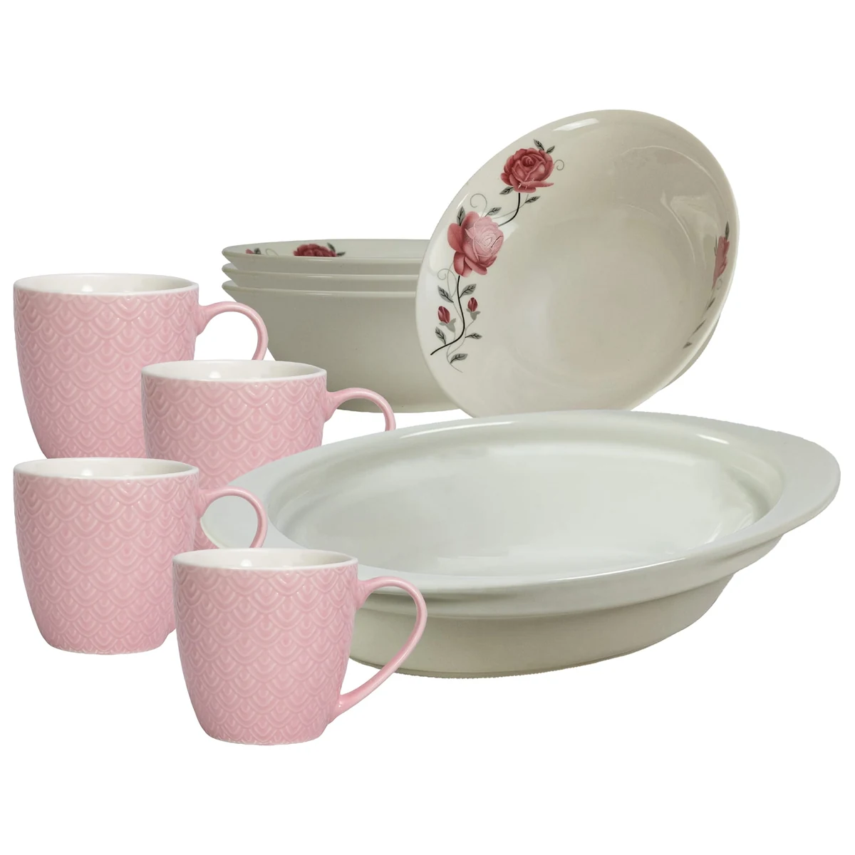 Set masa 4 pers., 9 piese, cana roz 200 ml, bol, tava termorezistenta, Portelan cu Trandafiri roz