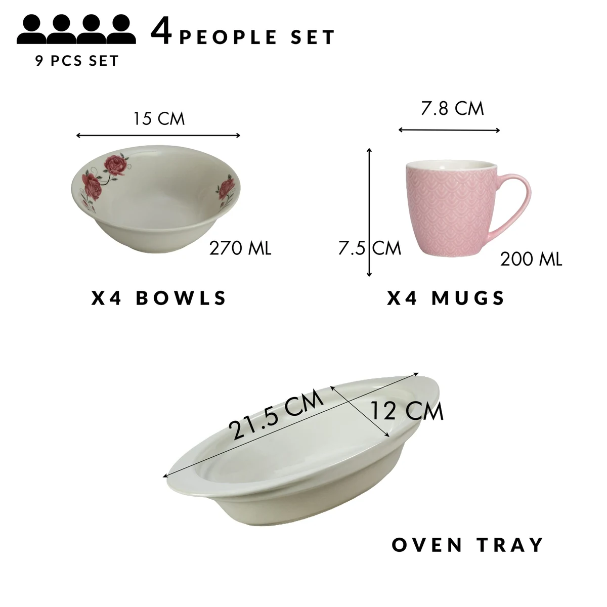 Set masa 4 pers., 9 piese, cana roz 200 ml, bol, tava termorezistenta, portelan cu trandafiri roz, imagine 2