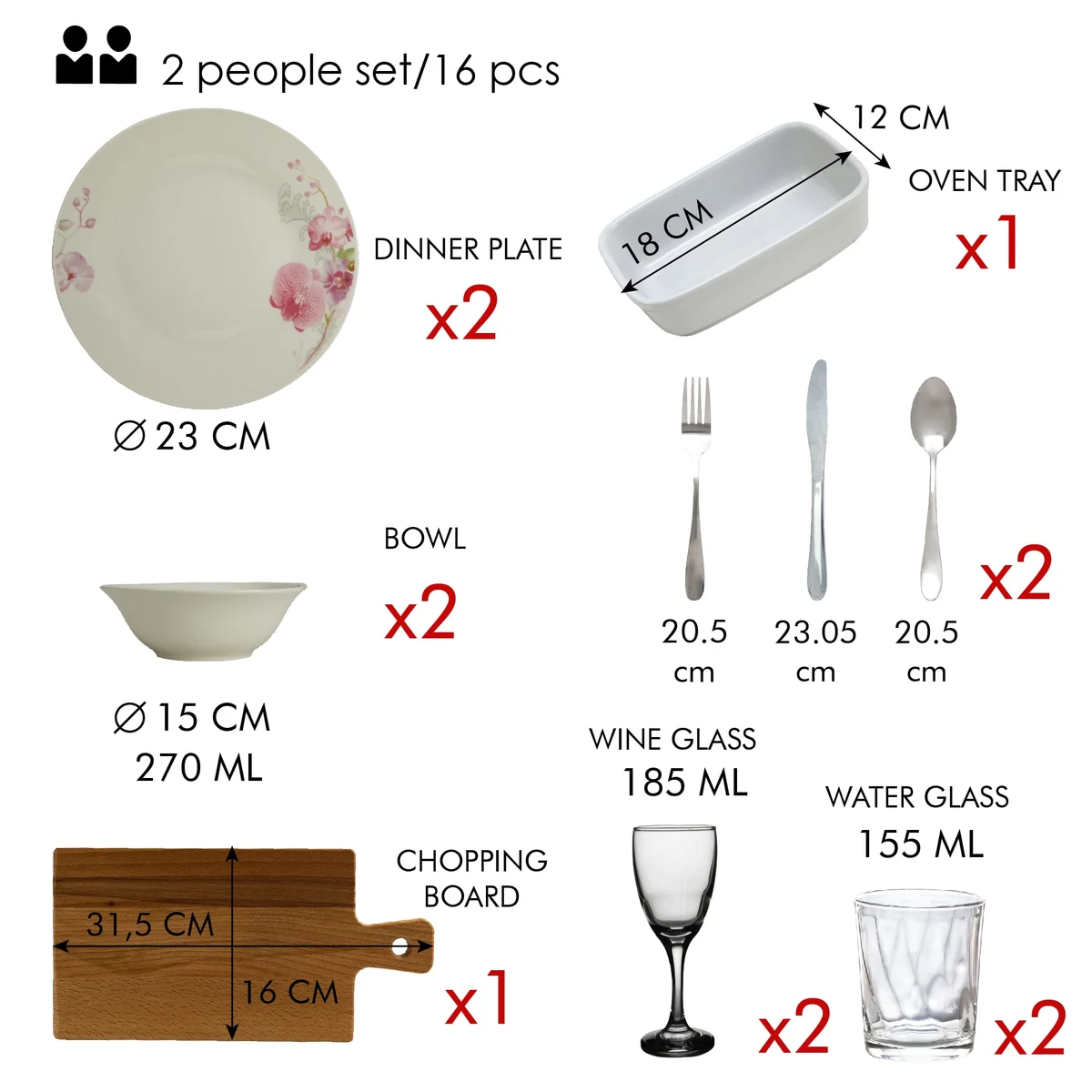 Set masa orchid, 16 piese, portelan, alb cu orhidee, imagine 2