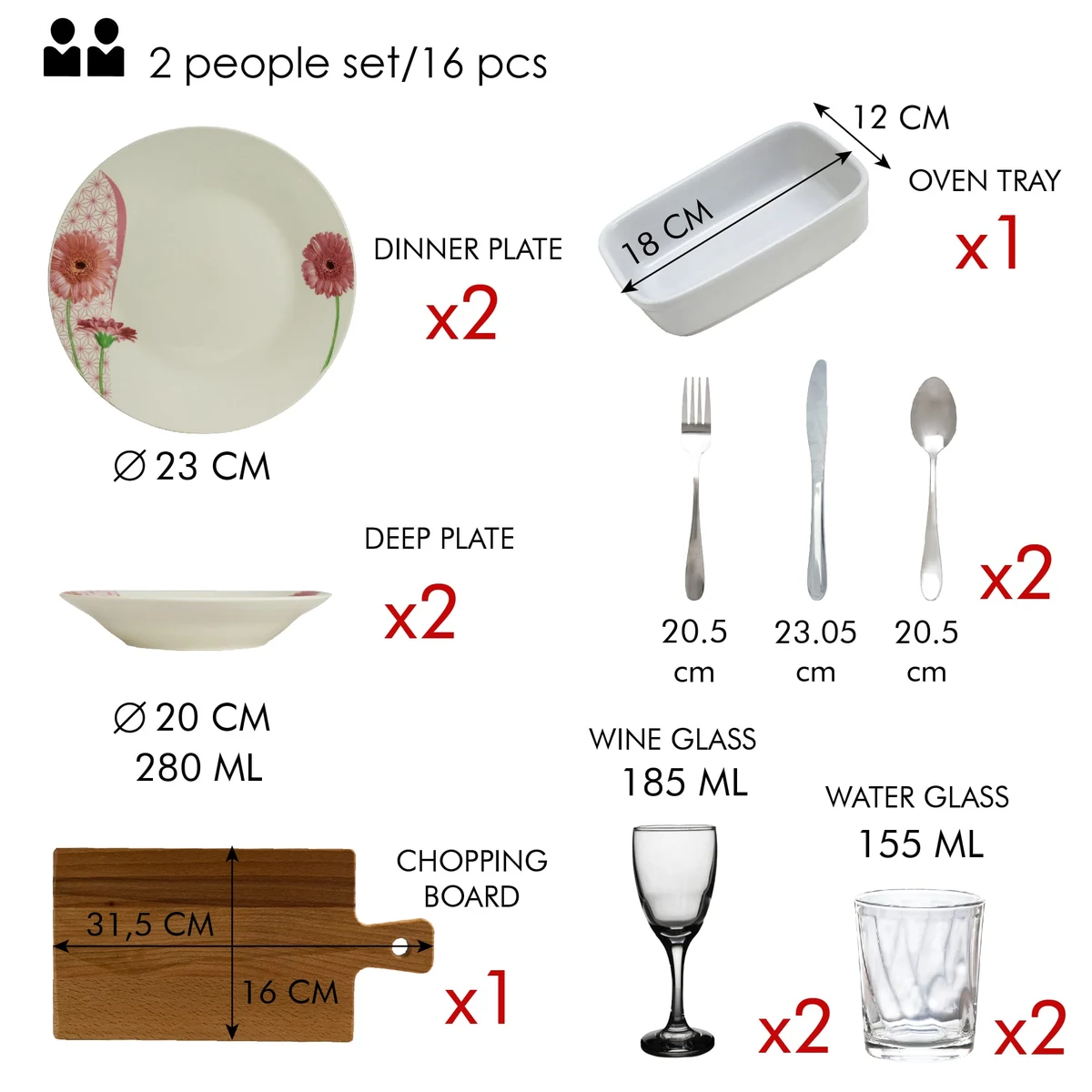 Set complet de masa, daisy, 16 piese, portelan, alb cu margareta, imagine 2