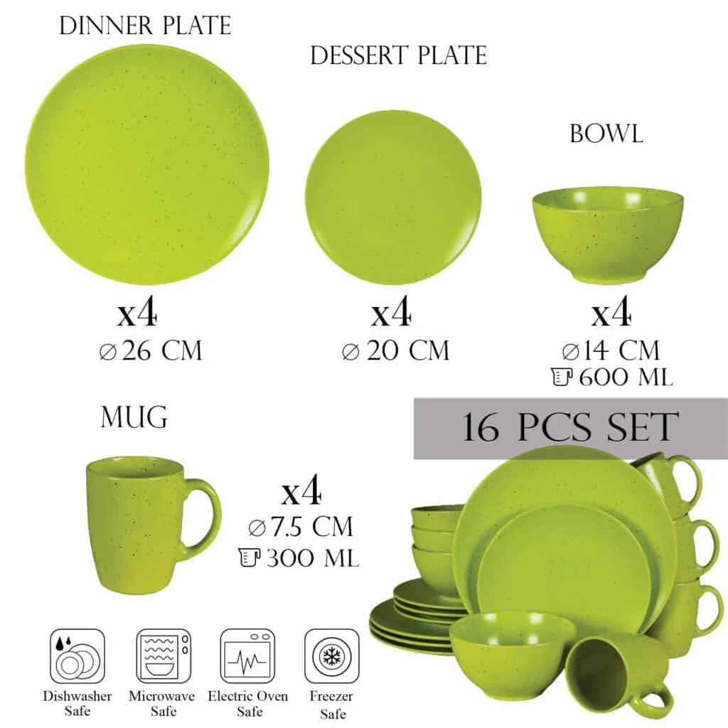 Set farfurii 16 piese, 4 persoane, lime juice, verde mat cu puncte negre, imagine 2