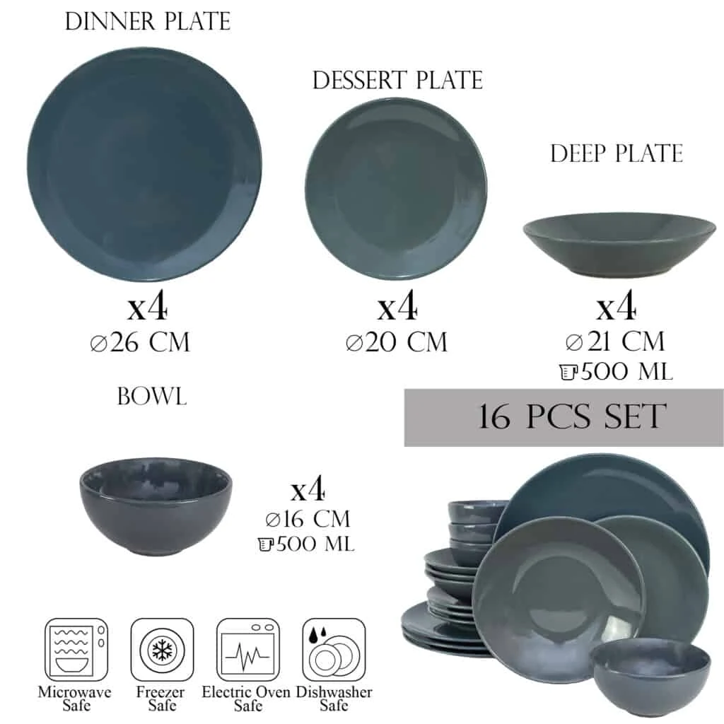 Set farfurii 16 piese, 4 persoane, anthracite, gri antracit si gri metal, imagine 2