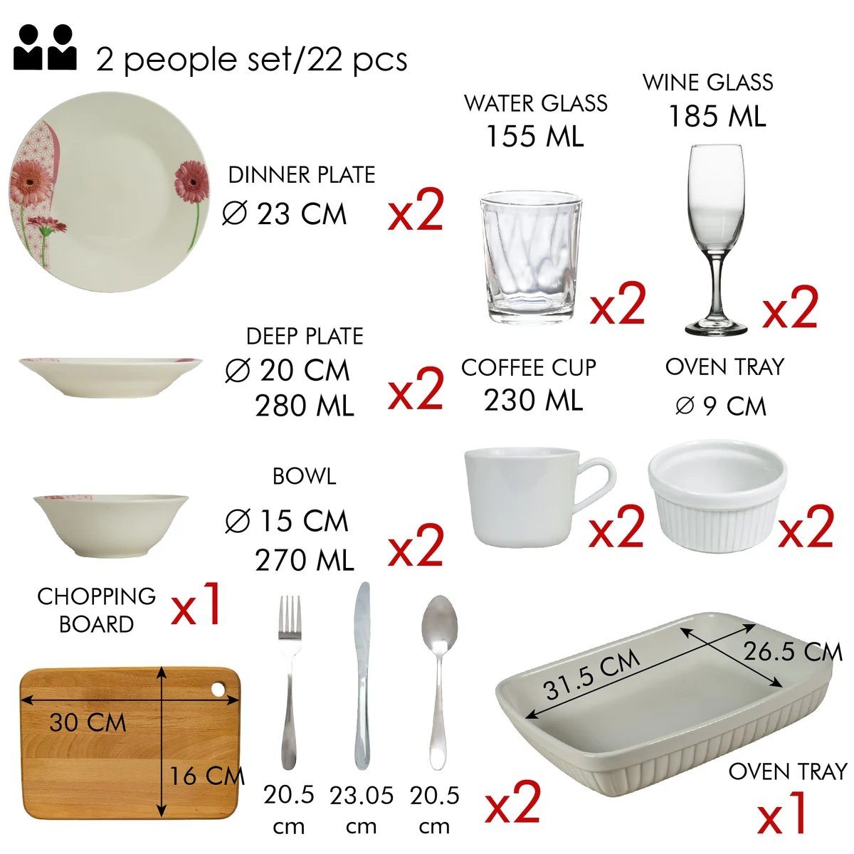 Set complet de masa, daisy, 22 piese, portelan, alb cu margareta, imagine 2