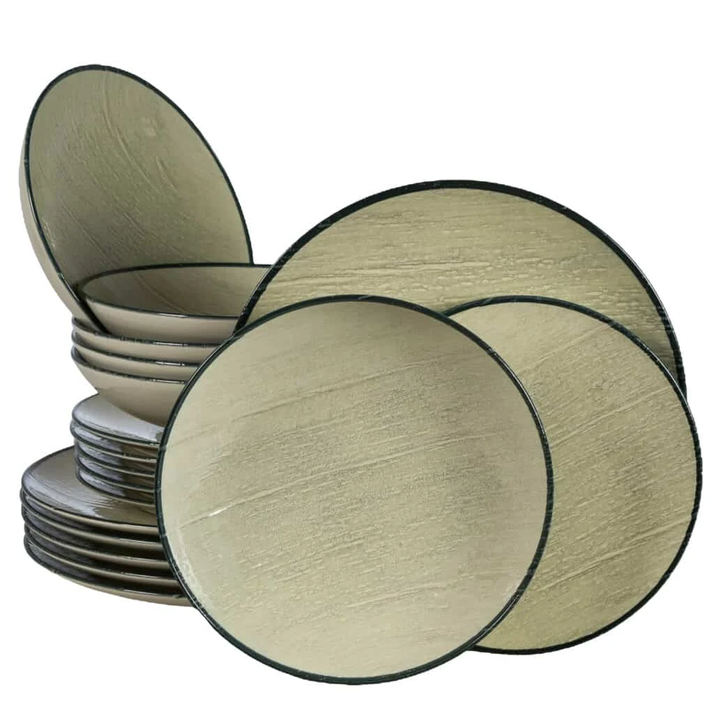 Set farfurii 18 piese, 6 persoane, Sand, Alb Ivoire, margine neagra