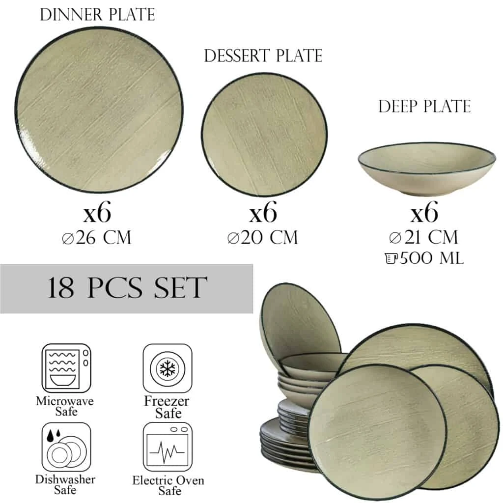 Set farfurii 18 piese, 6 persoane, sand, alb ivoire, margine neagra, imagine 2