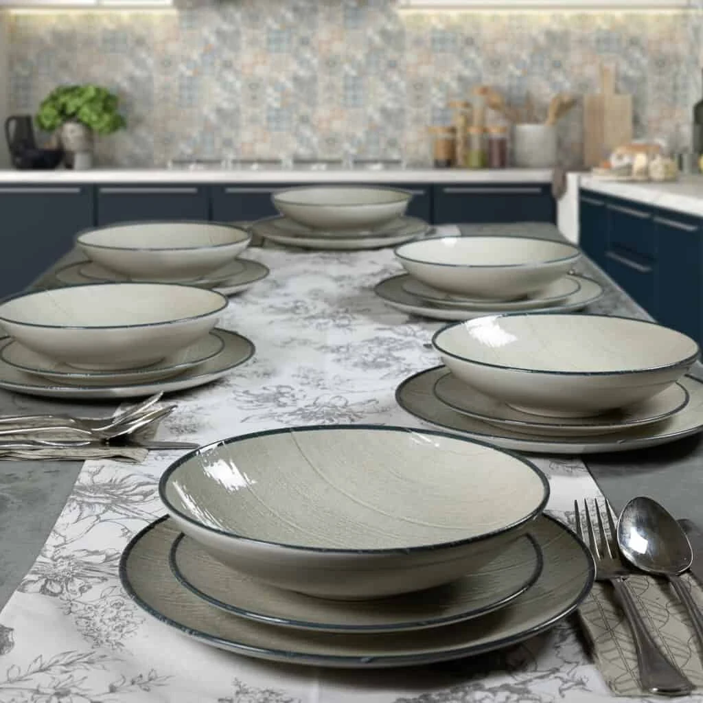 Set farfurii 18 piese, 6 persoane, sand, alb ivoire, margine neagra, imagine 7