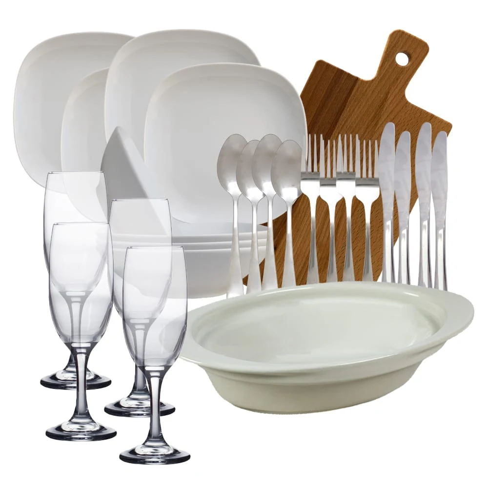 Set complet de masa, White, 26 piese, Portelan, Alb Lucios
