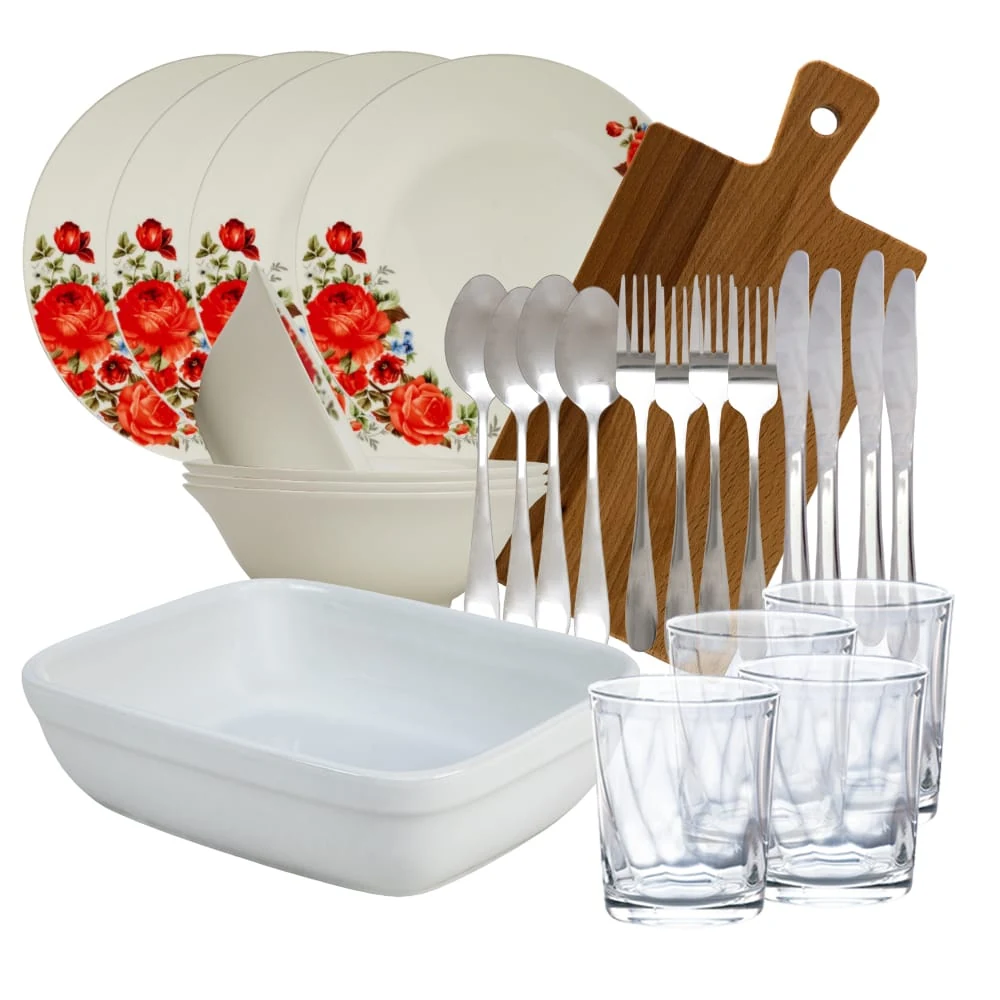 Set complet masa, Red Rose, 26 piese, Portelan, Alb cu trandafir rosu
