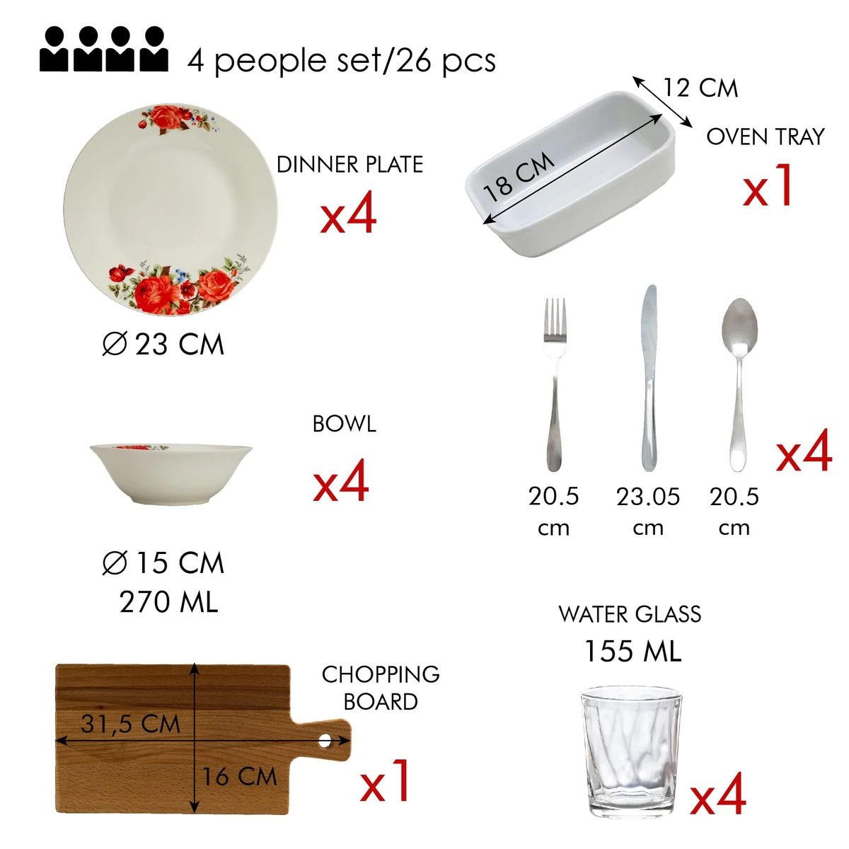 Set complet masa, red rose, 26 piese, portelan, alb cu trandafir rosu, imagine 2