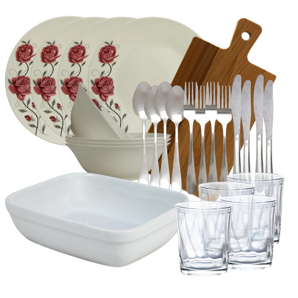 Set complet de masa, Pink Rose, 26 piese, Portelan, Alb lucios cu margareta