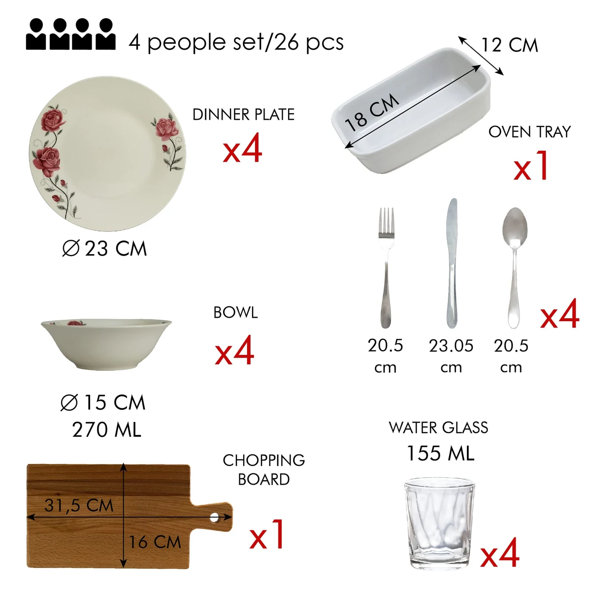 Set complet de masa, pink rose, 26 piese, portelan, alb lucios cu margareta, imagine 2