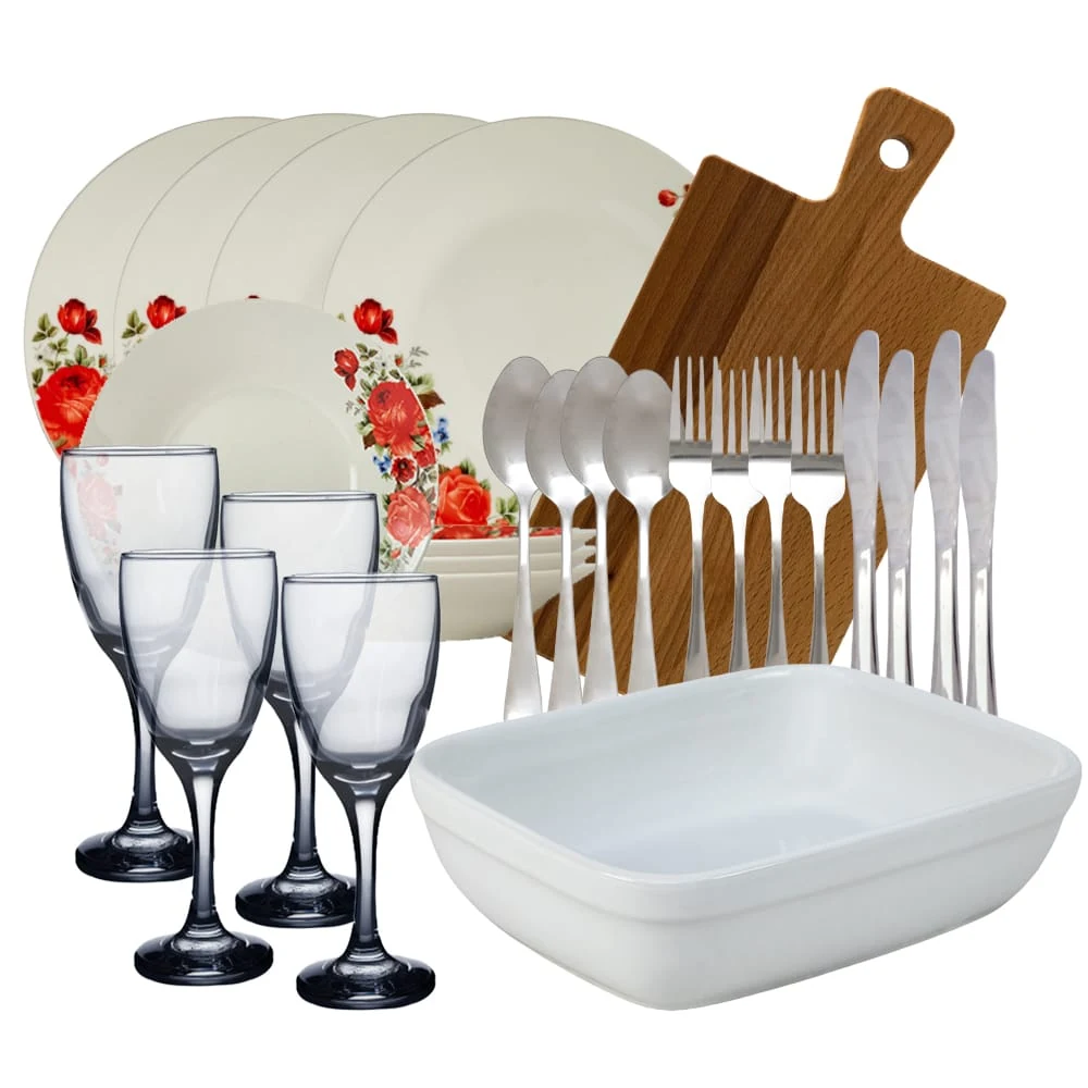 Set masa Red Rose, 26 piese, Portelan, Alb cu trandafir rosu