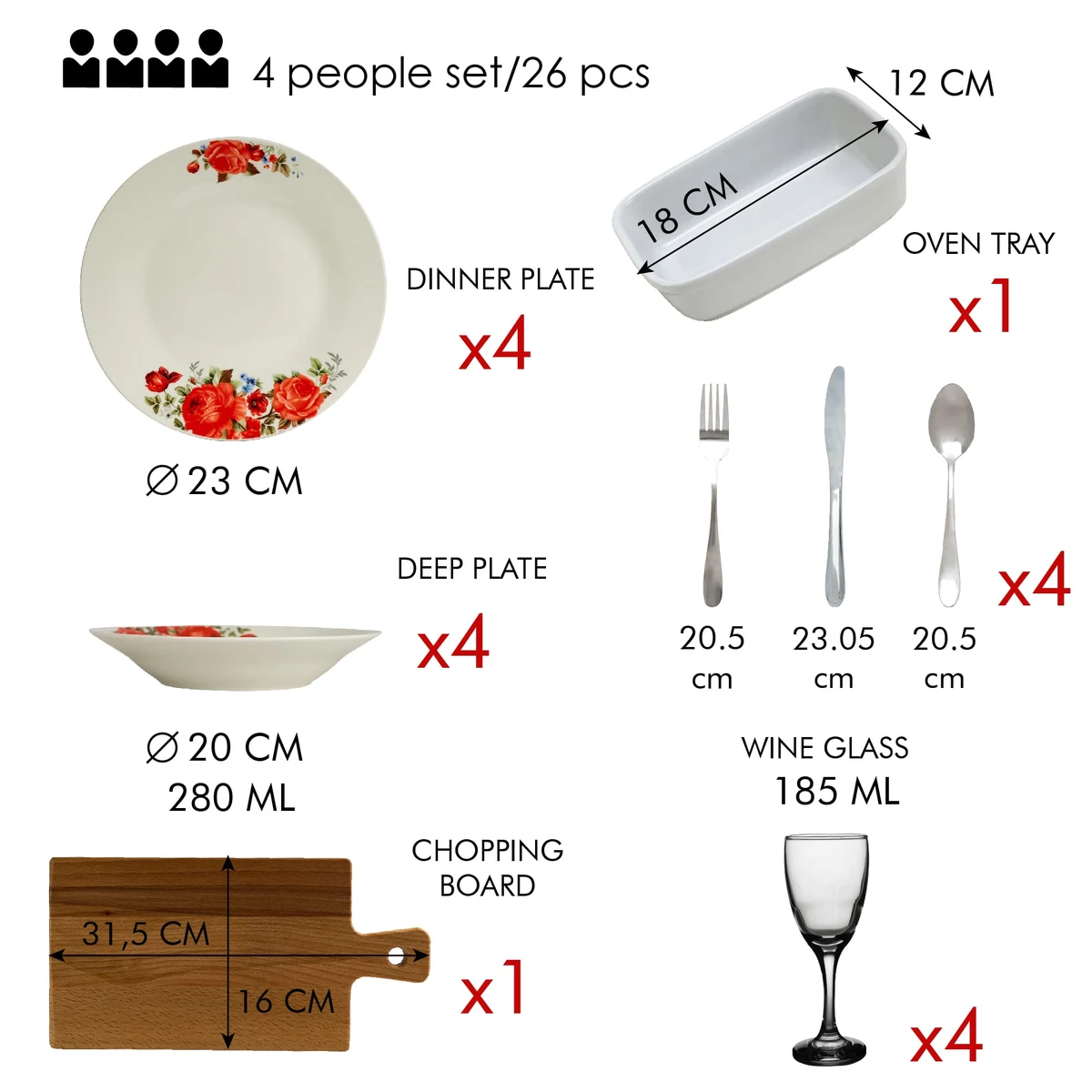 Set masa red rose, 26 piese, portelan, alb cu trandafir rosu, imagine 2