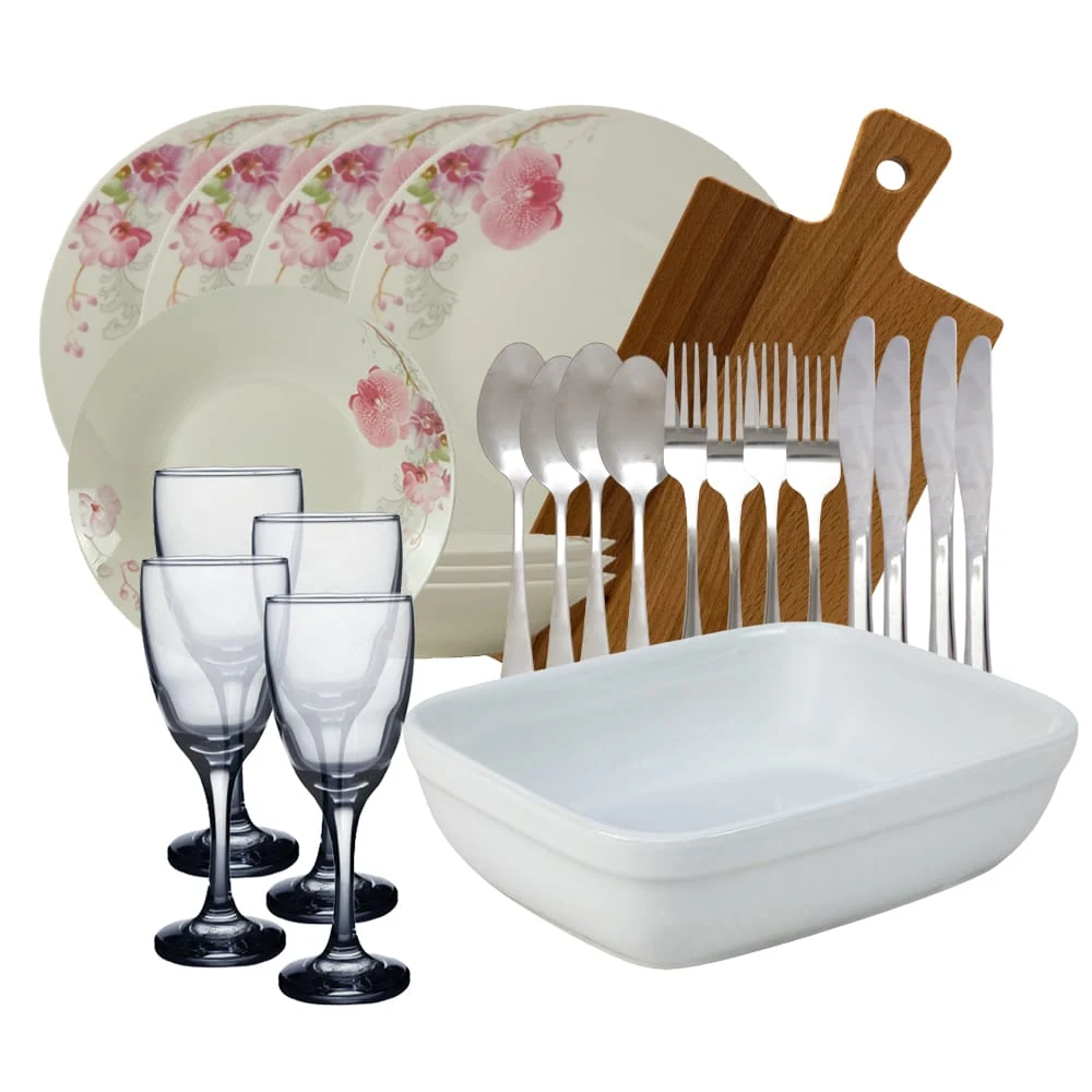 Set masa Orchid, 26 piese, Portelan, Alb cu orhidee