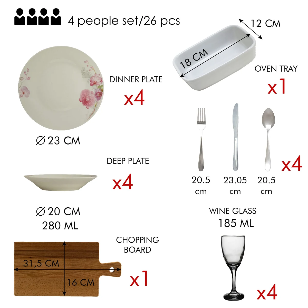 Set masa orchid, 26 piese, portelan, alb cu orhidee, imagine 4