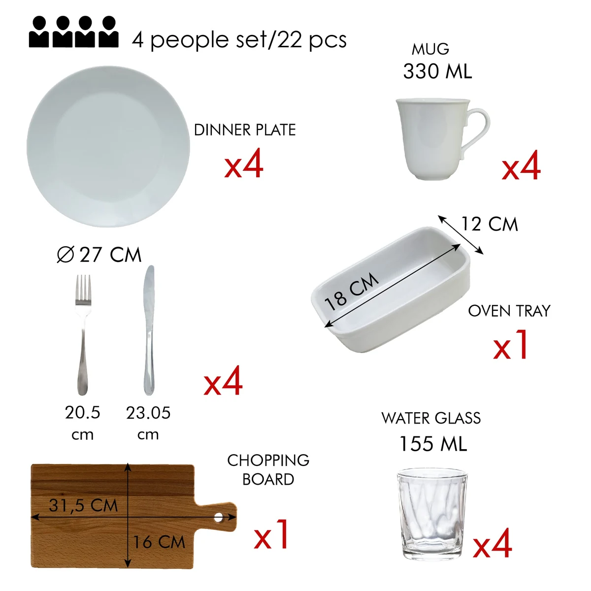 Set complet de masa, snow, 22 piese, portelan, alb, imagine 2
