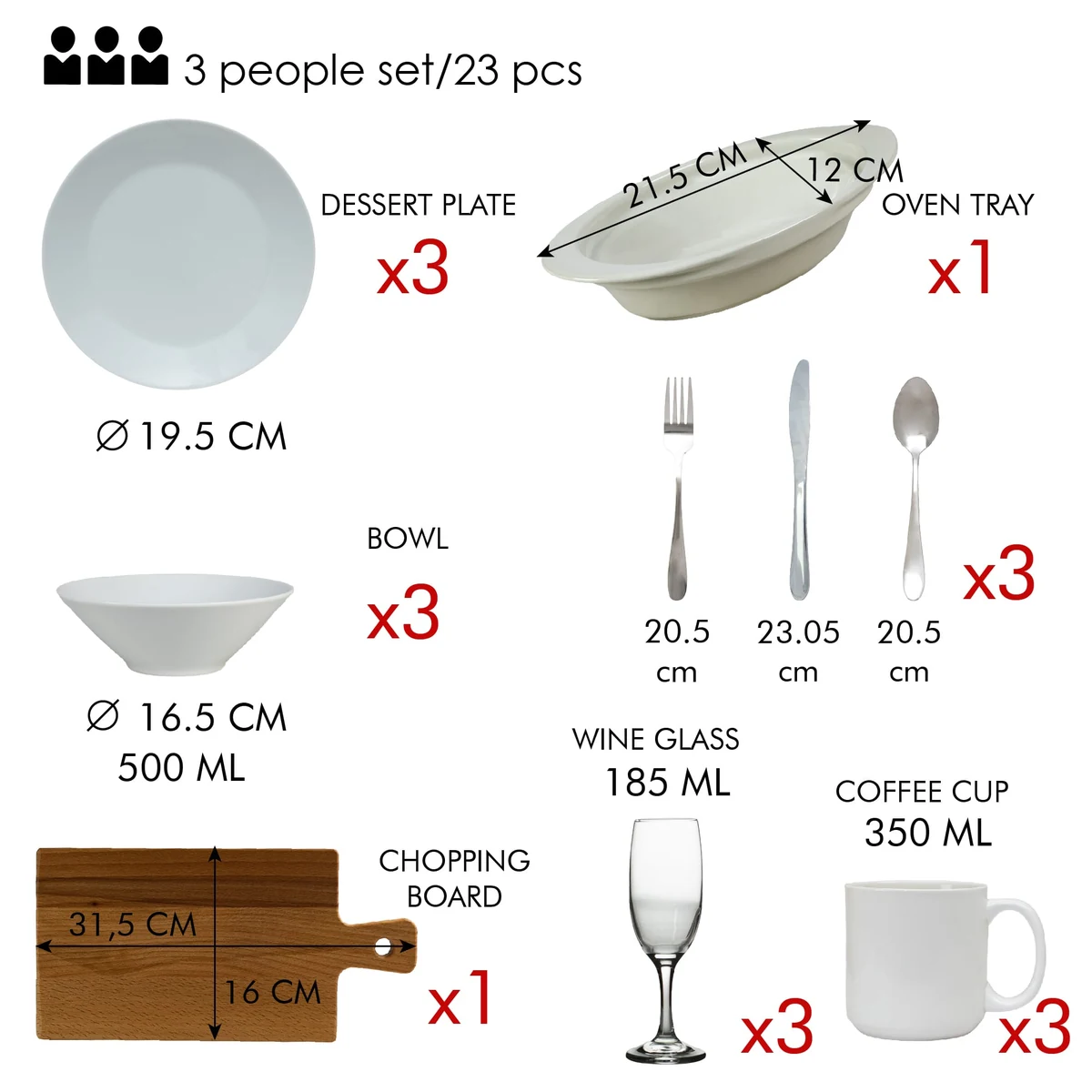 Set complet de masa, snow white, 23 piese, portelan, alb, imagine 2