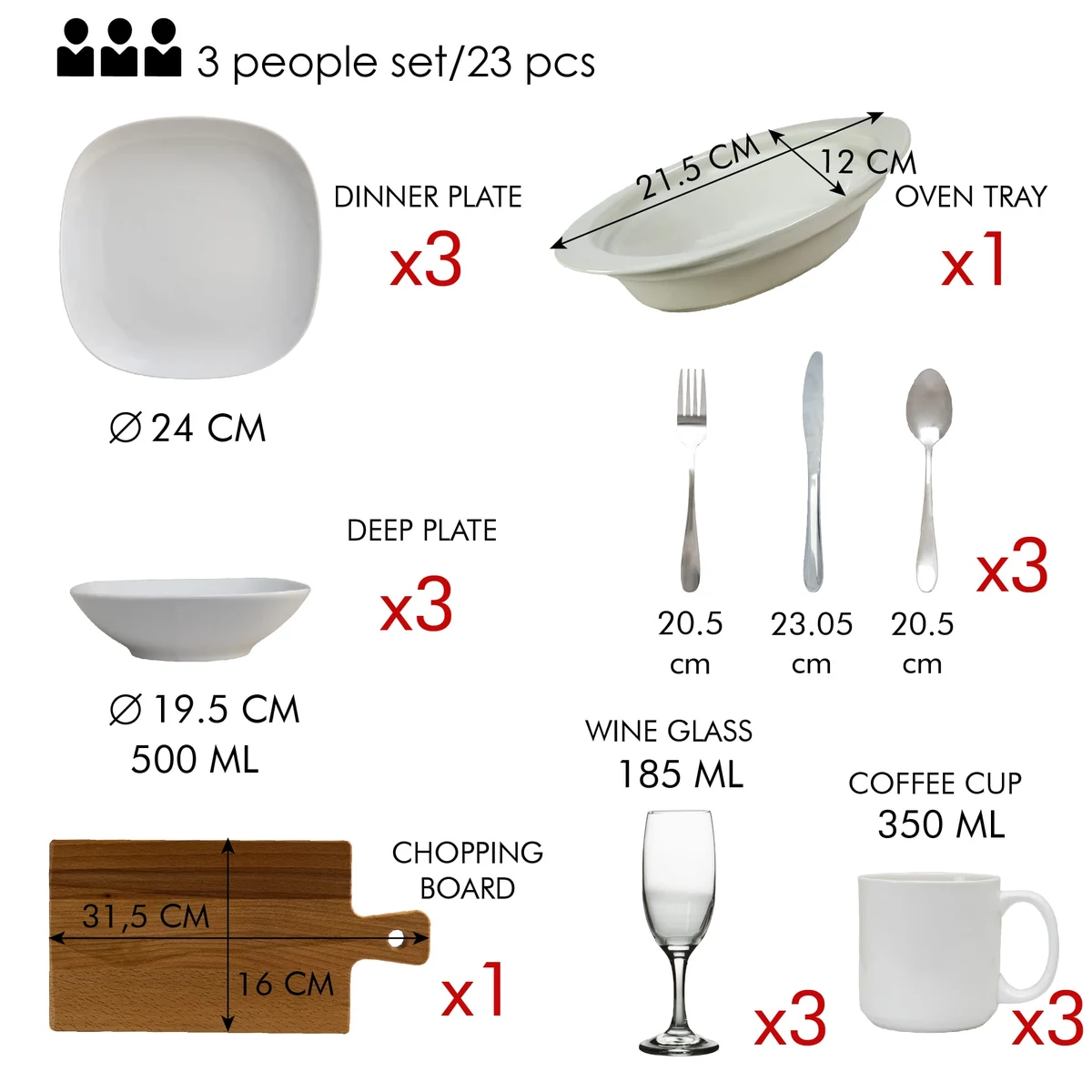 Set complet de masa, white, 23 piese, portelan, alb, imagine 2