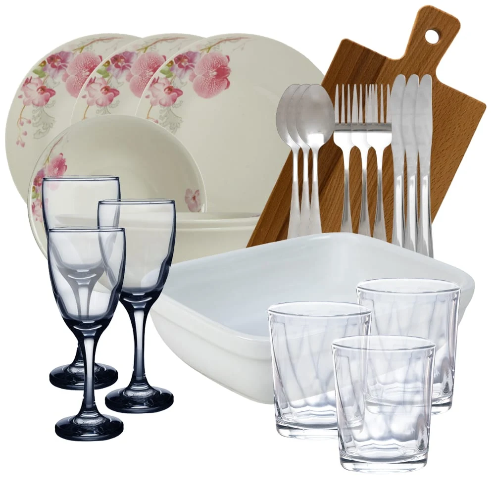 Set masa pink orchid, 23 piese, porcelain, white with orhidee