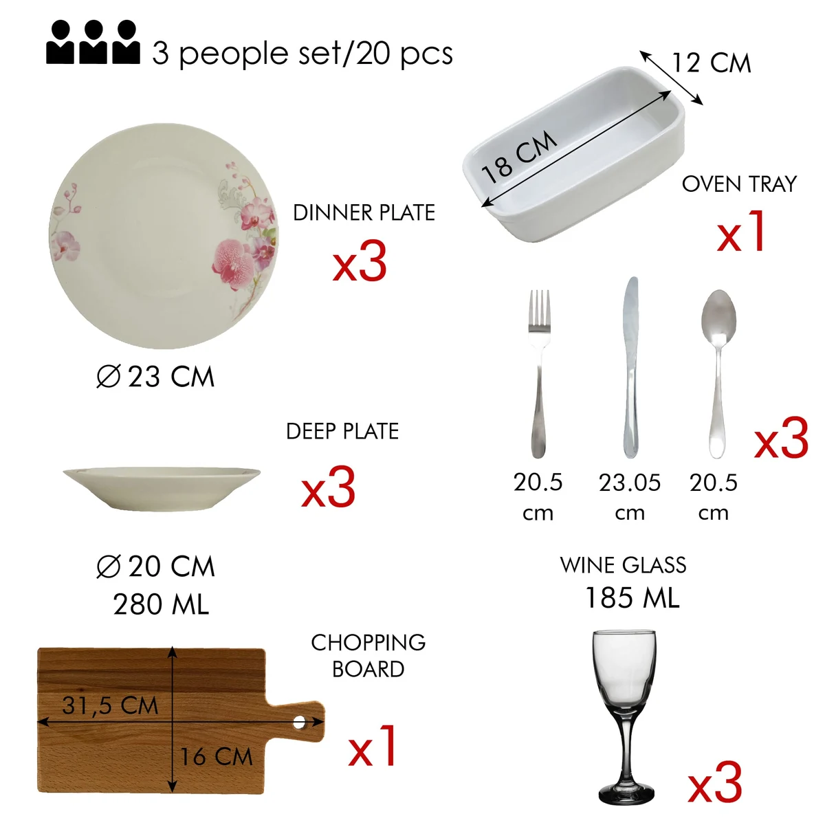 Set complet de masa, orchid, 23 piese, portelan, alb cu orhidee, imagine 2