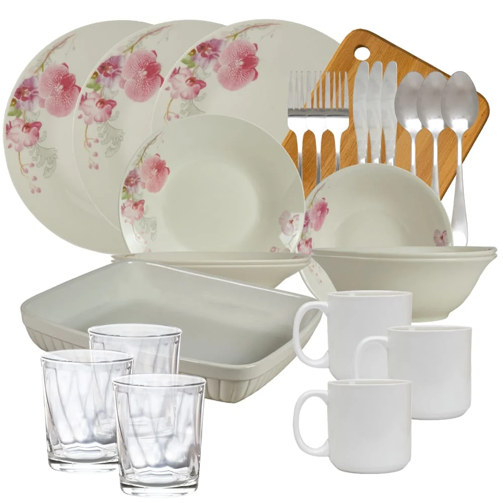 Set complet de masa, Orchid, 26 piese, Portelan, Alb cu orhidee