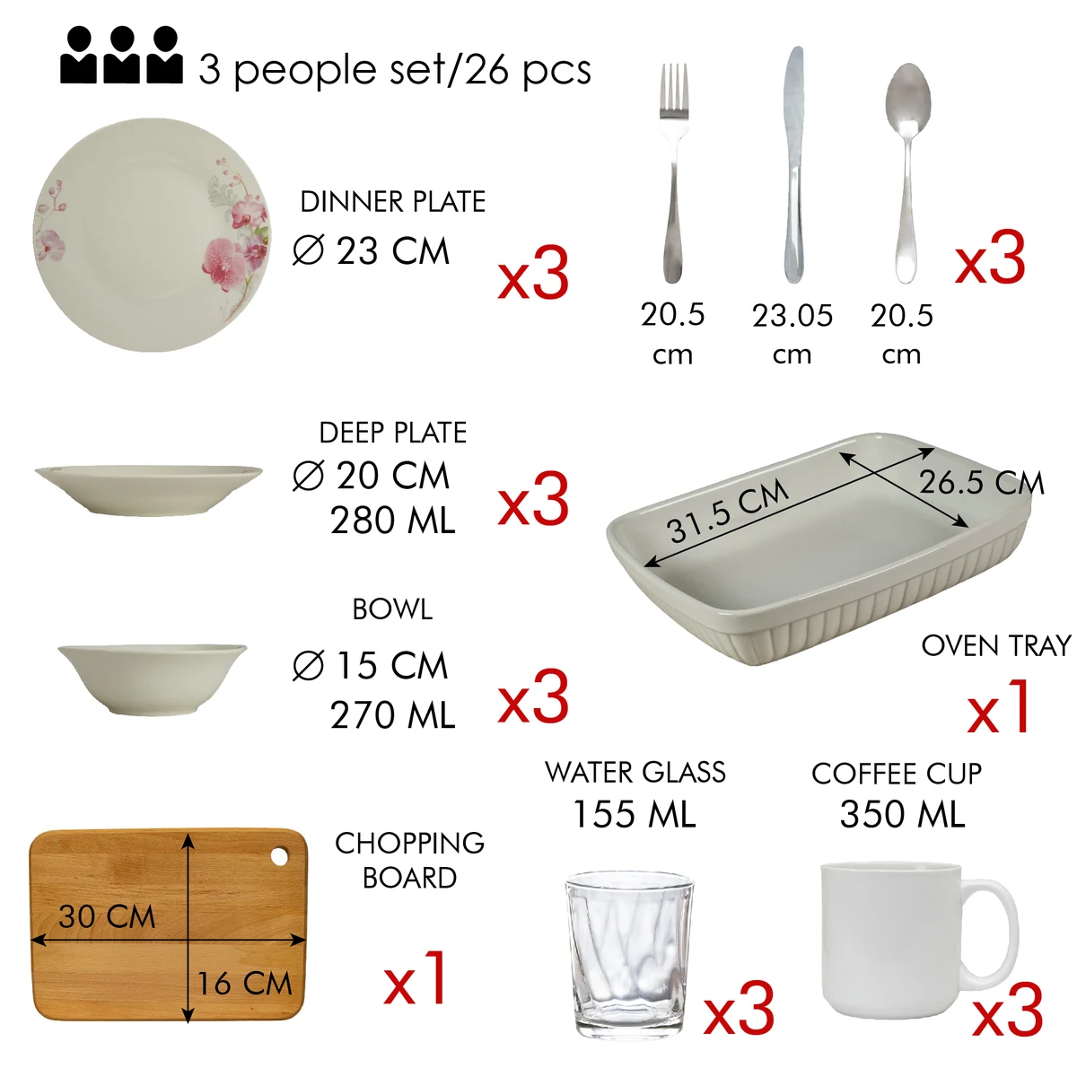 Set complet de masa, orchid, 26 piese, portelan, alb cu orhidee, imagine 2
