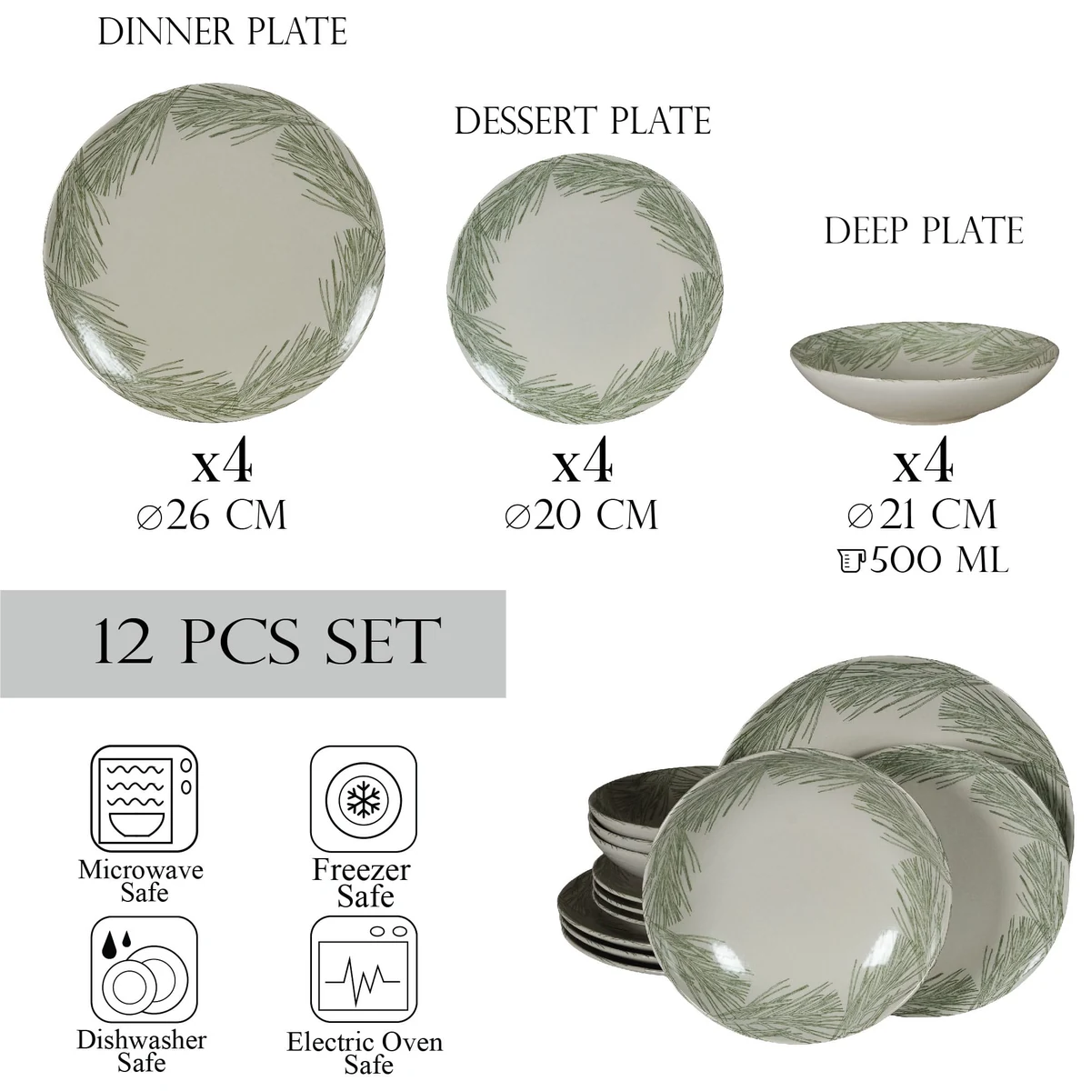 Set farfurii 12 piese, 4 persoane, silver fir, alb ivoire cu gri, imagine 2