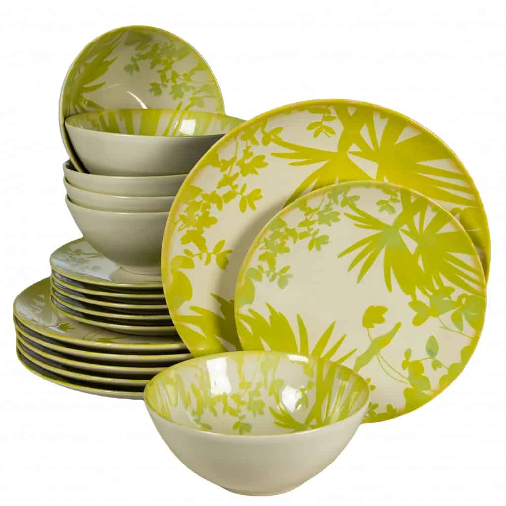 Set plates 18 piese, pentru 6 persoane, hawaii, ivory with frunze green-galbui