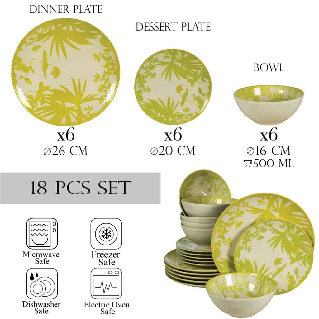 Set farfurii 18 piese, pentru 6 persoane, hawaii, ivory cu frunze verde-galbui, imagine 2