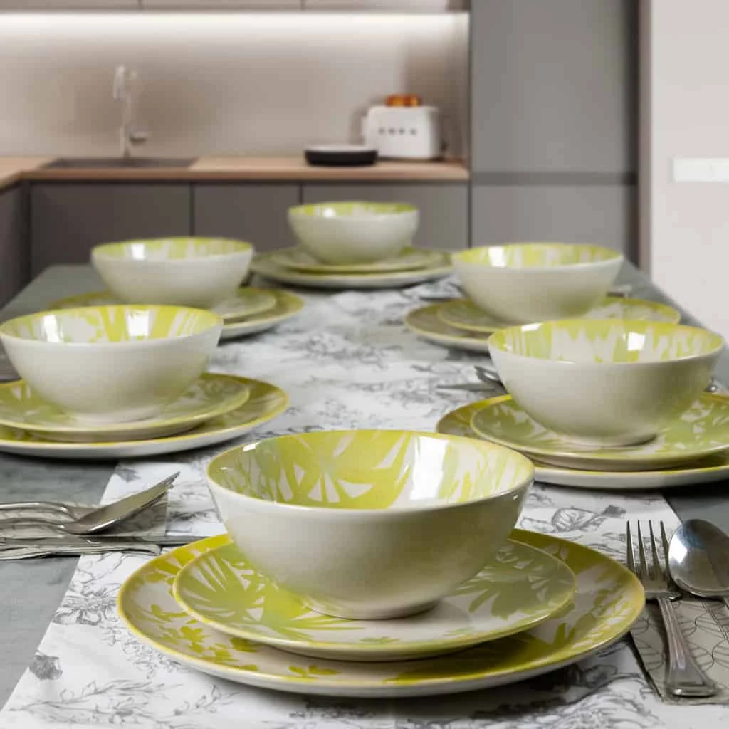 Set farfurii 18 piese, pentru 6 persoane, hawaii, ivory cu frunze verde-galbui, imagine 7