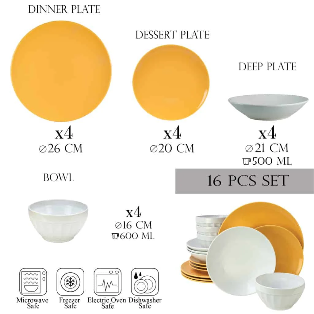 Set farfurii 16 piese, 4 persoane, summer, CESIRO, alb/galben, imagine 2