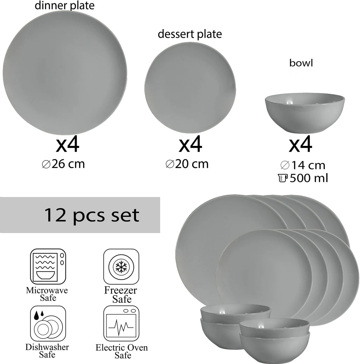 Set farfurii 12 piese, 4 persoane, silver, CESIRO, gri lucios, imagine 2