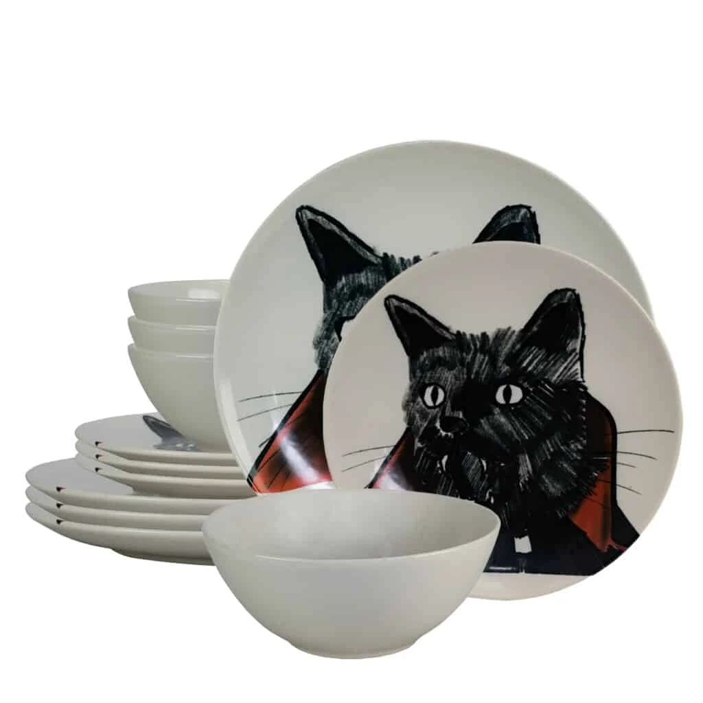 Set plates 12 piese, dracula cat, CESIRO, white ivoire with pisica