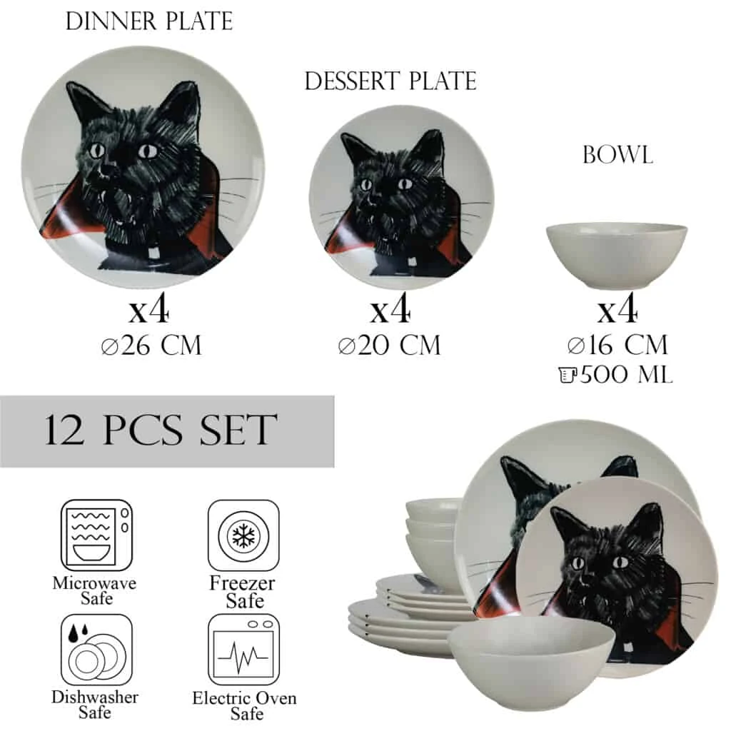Set farfurii 12 piese, dracula cat, CESIRO, alb ivoire cu pisica, imagine 2