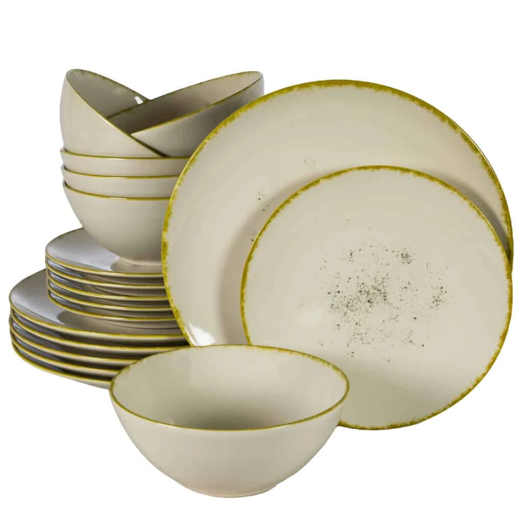 Set plates 18 piese, 6 persoane, ivory stone, white ivoire glossy, margine aurie