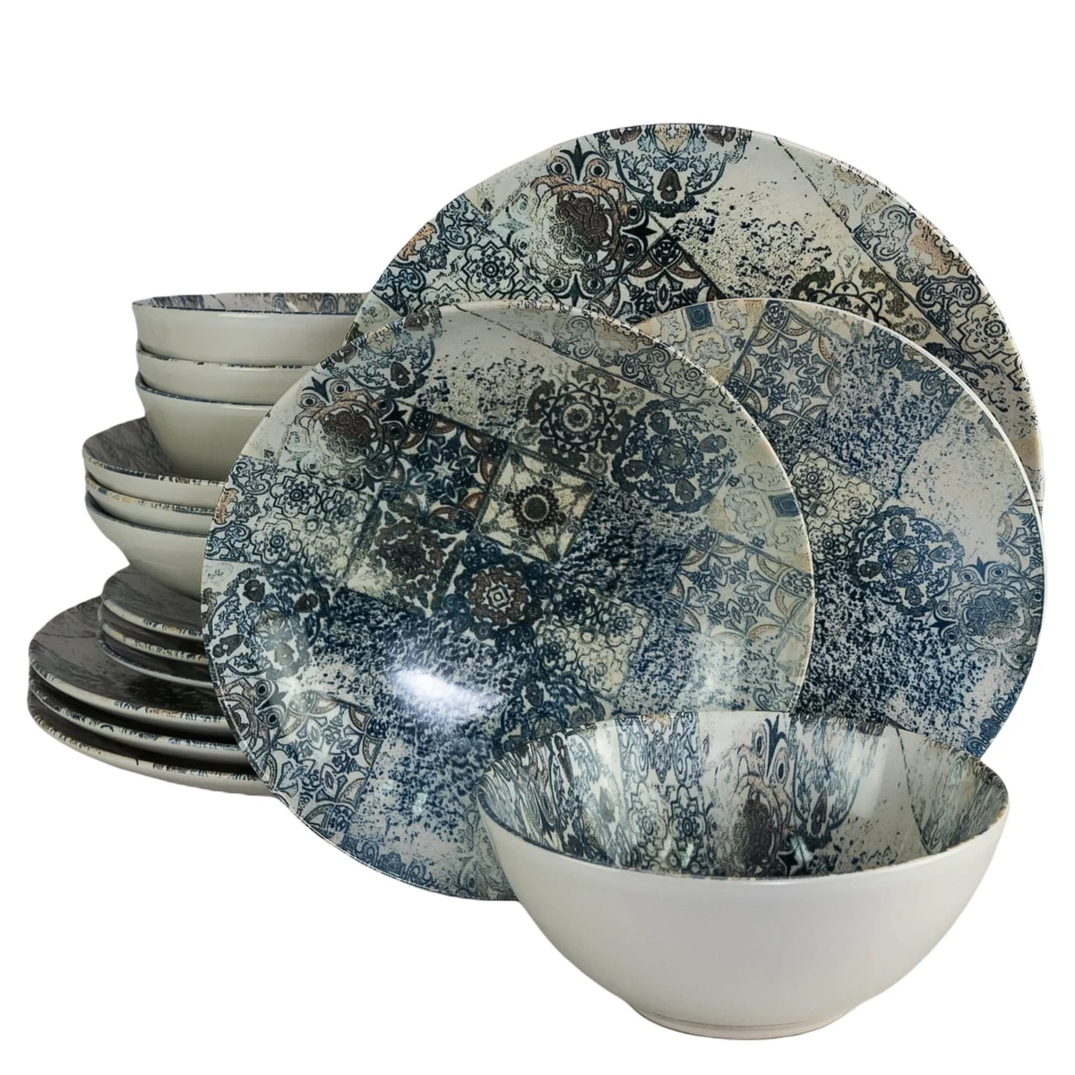 Set plates 16 piese, 4 persoane, blue tiles, white ivoire/blue