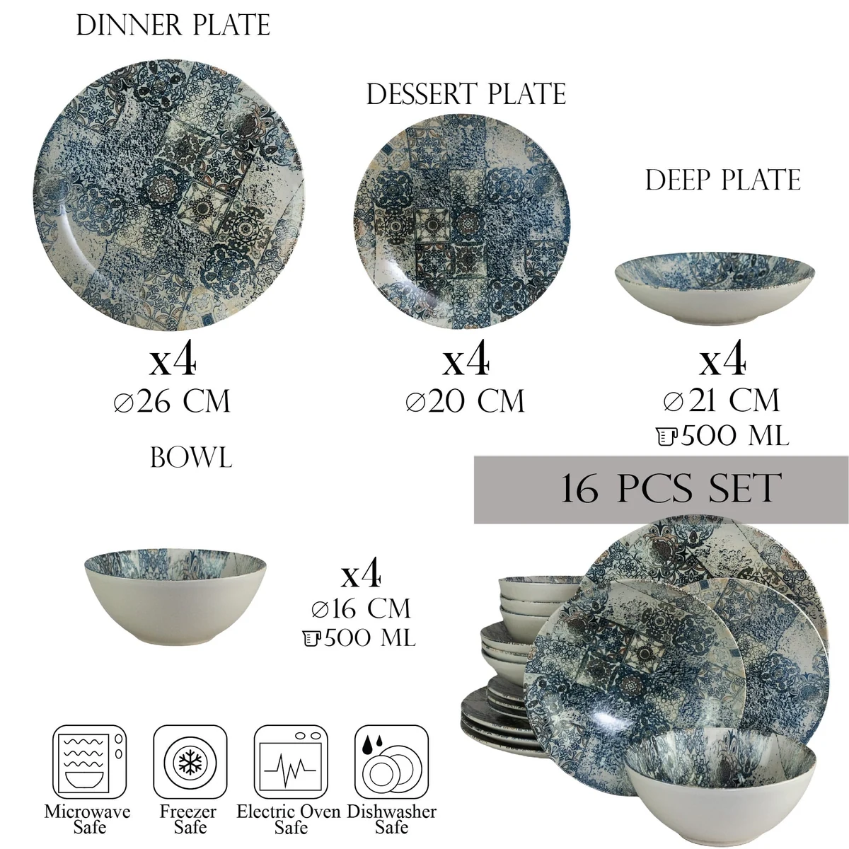Set farfurii 16 piese, 4 persoane, blue tiles, alb ivoire/albastru, imagine 2