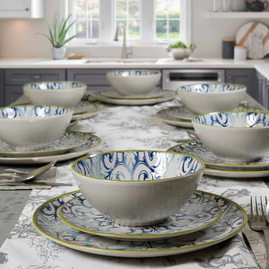 Set farfurii 18 piese, 6 persoane, marocco, alb ivoire cu albastru, imagine 7